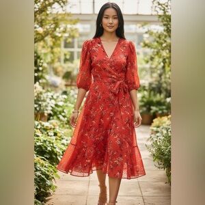 Nanette Lepore Red Floral Wrap Dress Midi 3/4 Puff Sleeve Belt Ruffle 4